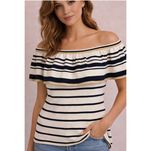 Lilly Pulitzer Sweaters - Lilly Pulitzer Perelle‎ Off Shoulder Stripe Ruffle Sweater Top Navy Gold Large